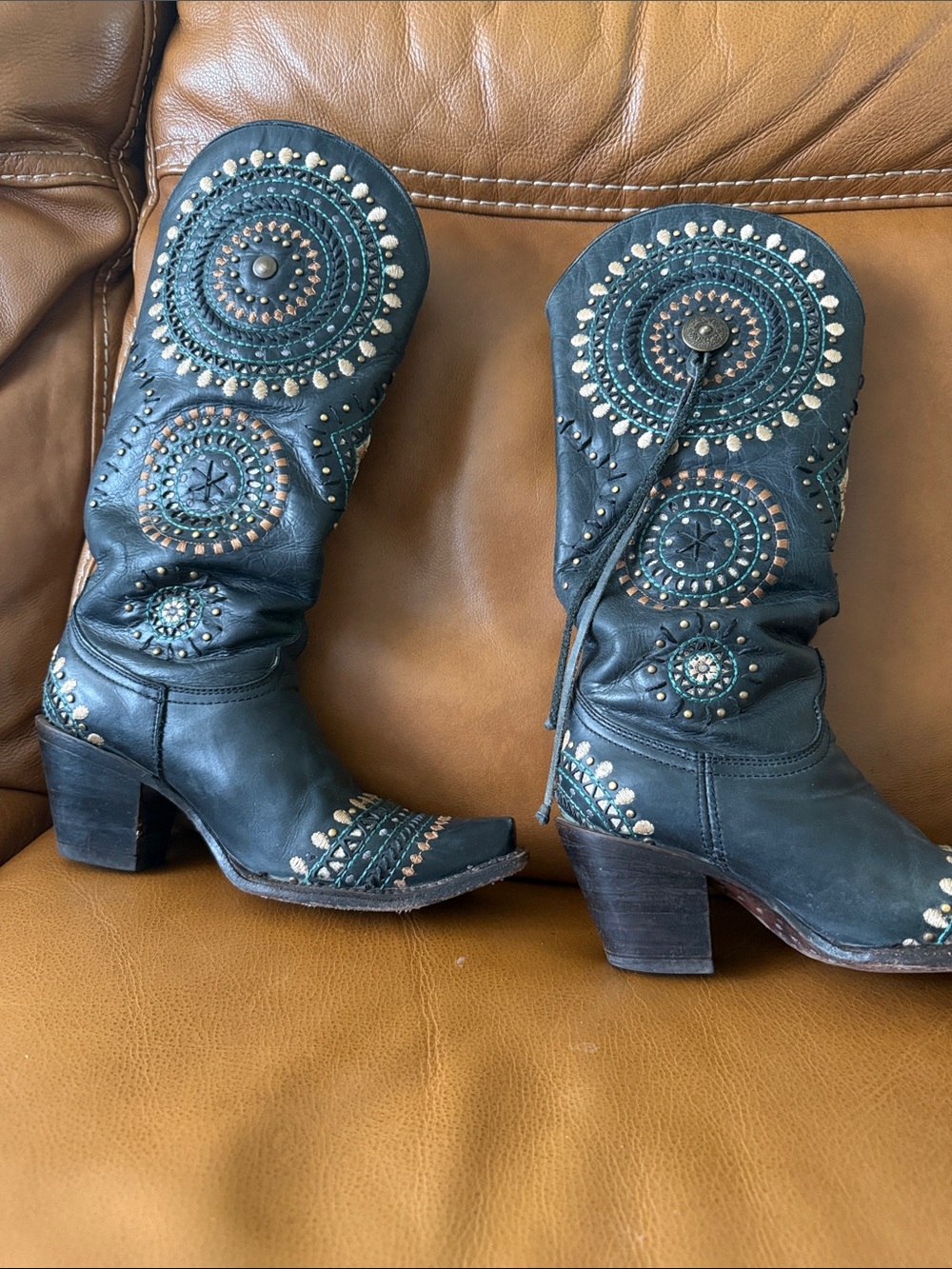 Women's Embellished Black Leather Western Ankle Boots